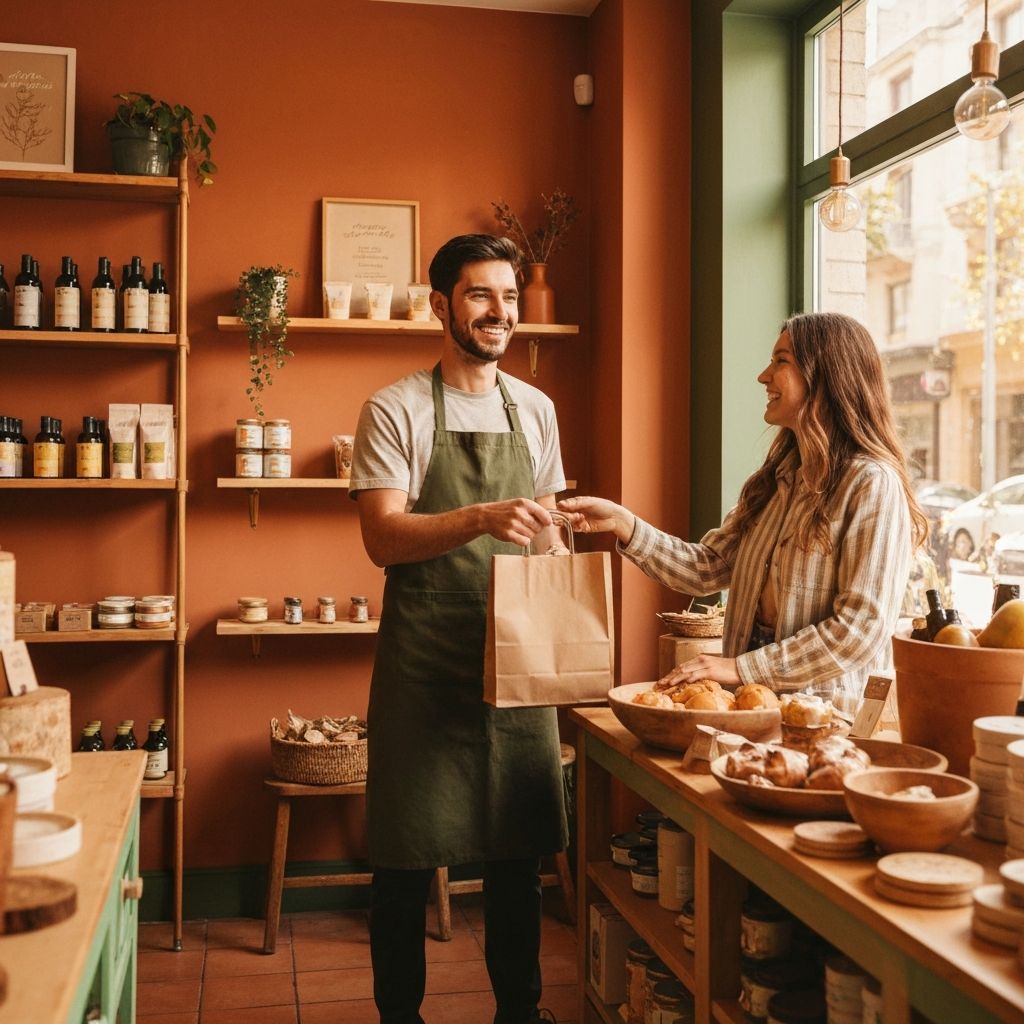 Dueño de una tienda local interactuando con un cliente del vecindario